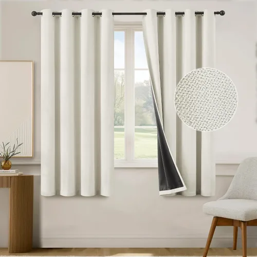 Vista 2 de Cortinas de lino 100% opacas de 63 pulgadas de largo, 2 paneles para dormitorio, sala de estar, lino crema texturizado, oscurecimiento