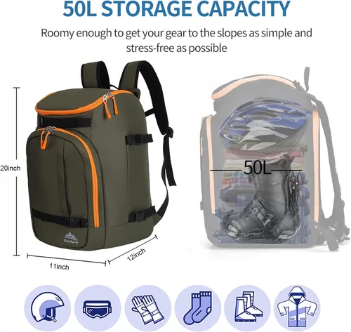 Vista 2 de Bolsa para botas de esquí, snowboard, viajes, patinaje, mochila para adultos y jóvenes, accesorios de equipo de esquí Army Green