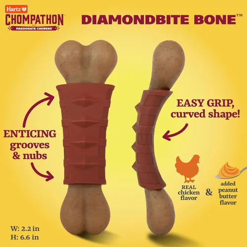 Vista 4 de Hartz Chompathon Diamondbite - Juguete masticable para perros masticadores agresivos, doble capa con sabor a pollo y mantequilla de maní
