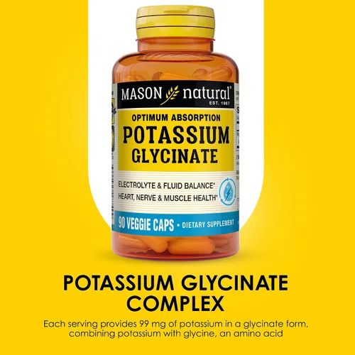 Vista 4 de MASON NATURAL Glicinato de potasio de absorción óptima, suplemento de soporte electrolítico, 99 mg de potasio, 90 cápsulas vegetales
