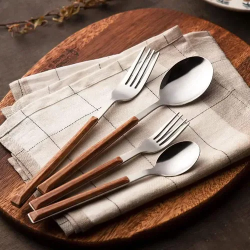 Vista 4 de Juego de cubiertos de 20 piezas con mango de madera para cubiertos de acero inoxidable 4,18/10, juego de cocina para comer en casa para vajilla
