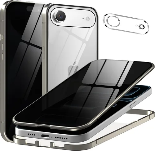 Vista 9 de Funda de privacidad de metal de titanio para iPhone 16, protector de pantalla de privacidad integrado y protector de lente de cámara, adsorción