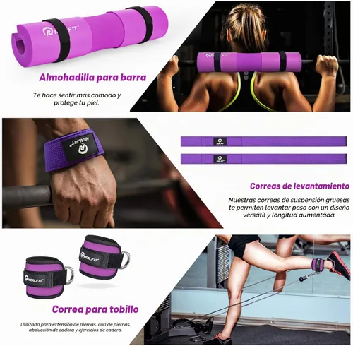 Vista 6 de NEALFIT Juego de almohadillas para pesas para sentadillas, estocadas y empujes de cadera, almohadilla protectora de cuello y hombro, barras Púrpura