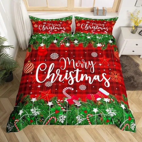 Vista 23 de Juego de ropa de cama de Feliz Navidad, funda de edredón azul con árbol de Navidad para niñas y niños, elegante funda de edredón de copo de nieve