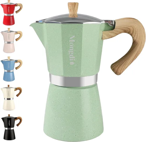 Vista 13 de Mongdio Cafetera de café expreso Moka Pot, cafetera cubana, cafetera de estufa Moka Italian Espresso Greca, cafetera percoladora, 3 tazas de Negro
