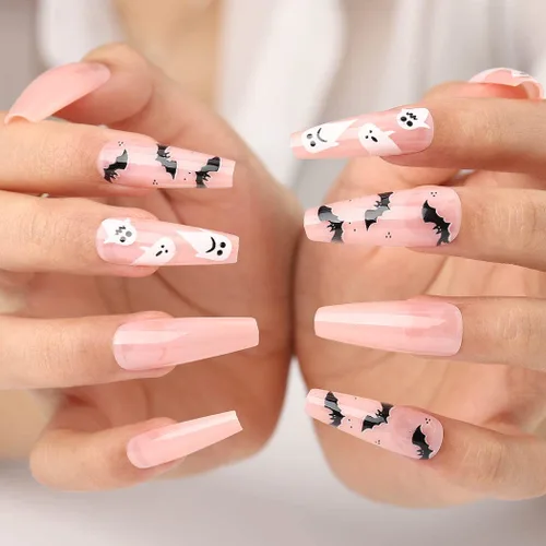 Vista 5 de Uñas postizas de Halloween con diseño de ataúd, uñas postizas acrílicas extralargas con diseños, uñas postizas de cobertura completa con gel, 24