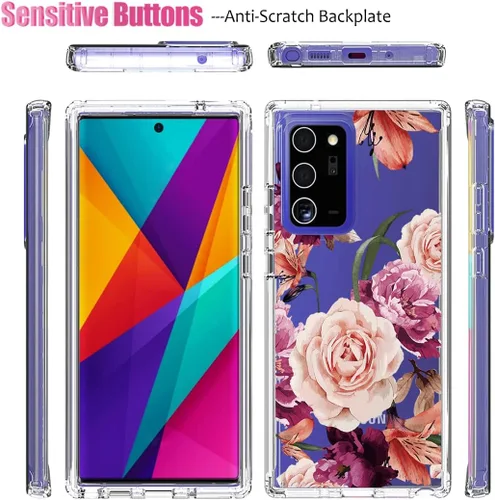 Vista 5 de Funda para Galaxy Note 20 Ultra 5G SM-N986U con protector de pantalla de vidrio templado, cuerpo completo transparente con protección floral funda