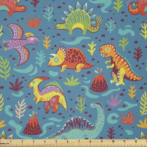 Vista 107 de Ambesonne - Tela de Dragón por The Yard, diseño de estilo de dibujos animados para niños con patrón de animales, dragones de colores, obra de arte
