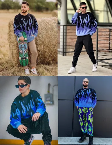 Vista 16 de ZAFUL Y2K - Suéter casual con estampado de llama estética para hombre, suéter de punto holgado, manga larga, cuello redondo