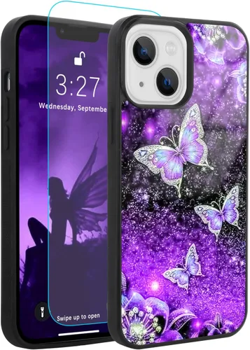 Vista 15 de OOK Diseños para iPhone 14 Pro Max Funda con Purpurina Mariposa Púrpura Diseño de Nebulosa Espacial PC Duro + TPU Suave Parachoques Antideslizante