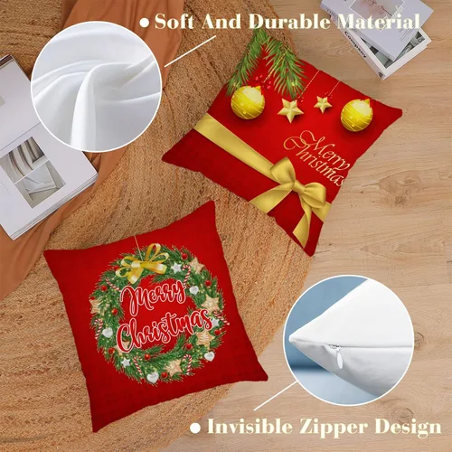 Vista 2 de Juego de 4 fundas de almohada de Navidad de 12 x 12 pulgadas, fundas de almohada de terciopelo de Navidad, fundas de almohada doradas y rojas