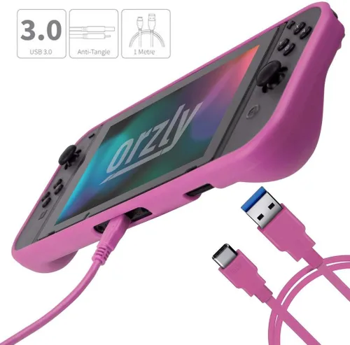 Vista 5 de Orzly Switch Accessories Bundle Carry Case for Nintendo Switch Console, Tempered Glass Screen Protectors, USB Charging Cable, Switch Games Case