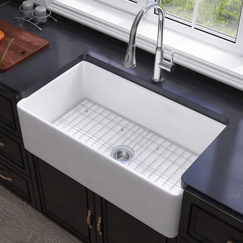 Vista 10 de Miuara Farmhouse - Fregadero de cocina frontal con delantal de arcilla refractaria de hueso de 33 x 18 pulgadas For kitchen, Heavy duty fireclay
