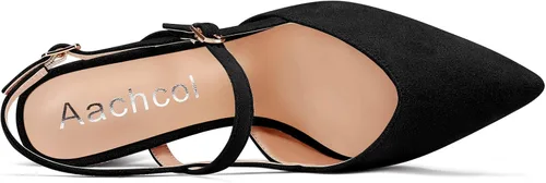 Vista 4 de Aachcol Zapatos de tacón medio bajo para mujer, con correa al tobillo, puntera puntiaguda, zapatos de vestir para oficina, fiesta, boda, gamuza