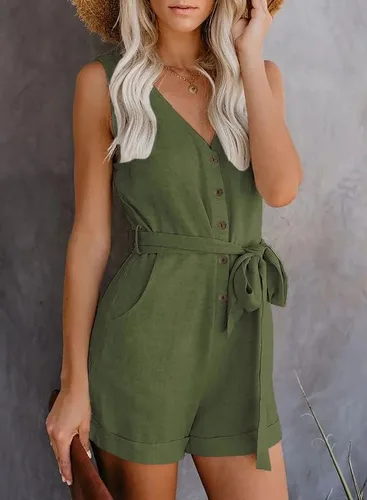 Vista 8 de Dokotoo Enterizo para mujer, elegante, informal, de una pieza, sin mangas, con bolsillos, cuello en V, botones frontales