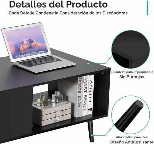 Vista 5 de ZenStyle Mesa de centro moderna de mediados de siglo, mesa de centro retro de madera con estante de almacenamiento abierto para sala de estar Negro