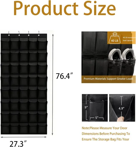 Vista 2 de Organizador de zapatos para puerta con 40 bolsillos grandes, zapatero para puerta con malla transpirable y ganchos reforzados, organizador multiusos