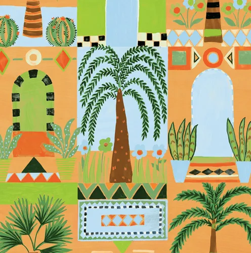 Vista 10 de NextWall Papel tapiz de fachada tropical para despegar y pegar (azul cielo y blanco roto)