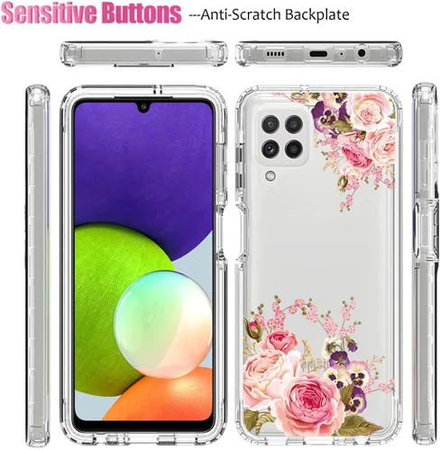 Vista 5 de Funda para Samsung Galaxy A22 4G/M32 4G SM-A225F con protector de pantalla de vidrio templado, cuerpo completo transparente con diseño floral, Flor