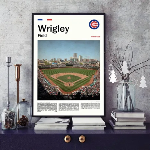 Vista 5 de Cartel de póster del estadio WrigleyField (17 x 11 pulgadas en lienzo) Arte de pared de béisbol de la bahía de Chicago - Cartel deportivo retro