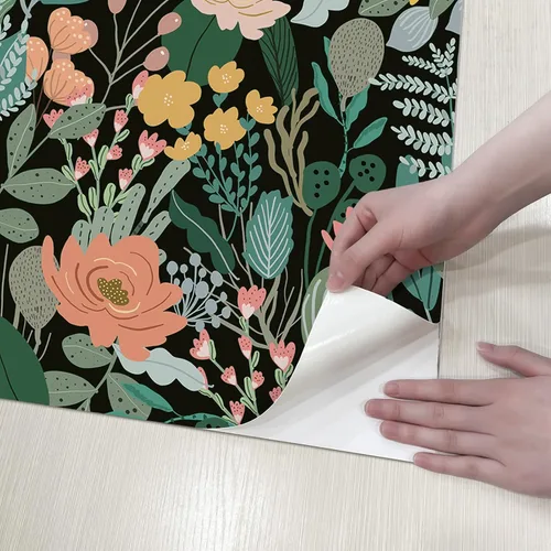 Vista 9 de HueBurst Papel tapiz floral verde oscuro de 17.3 x 118 pulgadas, papel de contacto floral bohemio para baño, sala de estar, dormitorio, papel tapiz