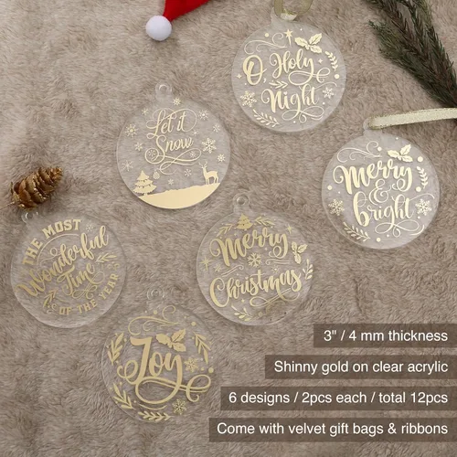 Vista 2 de UNIQOOO Juego de 12 adornos dorados de Navidad 2025, decoraciones para árbol de Navidad, ideas de regalo, adornos de acrílico transparente con 6