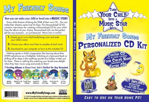 Vista 2 de My Friendly Songs - Kit de CD de música personalizado para niños, canciones con nombre personalizado, crea un CD de regalo, 7 álbumes para elegir