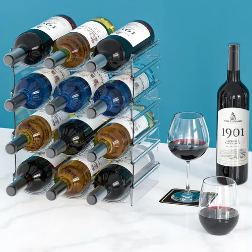 Vista 5 de Organizador de botellas de agua de plástico y soporte de almacenamiento para vino, 4 niveles y 12 contenedores apilables, estante de almacenamiento