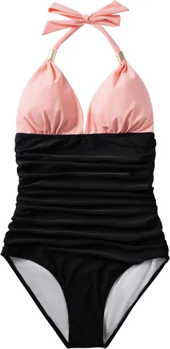 Vista 59 de RXRXCOCO - Traje de baño fruncido de una pieza, con cuello en V, para mujer, con control de abdomen y cuello halter