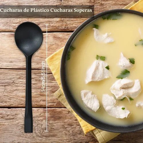 Vista 2 de 200 cucharas de sopa de plástico negro de 5.5 pulgadas, cucharas