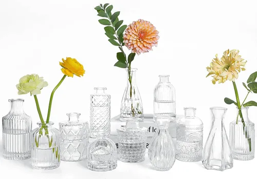 Vista 10 de UPBUD Juego de 5 jarrones de cristal ámbar, pequeños jarrones marrones para flores Mini jarrones a granel para decoraciones de boda, jarrón