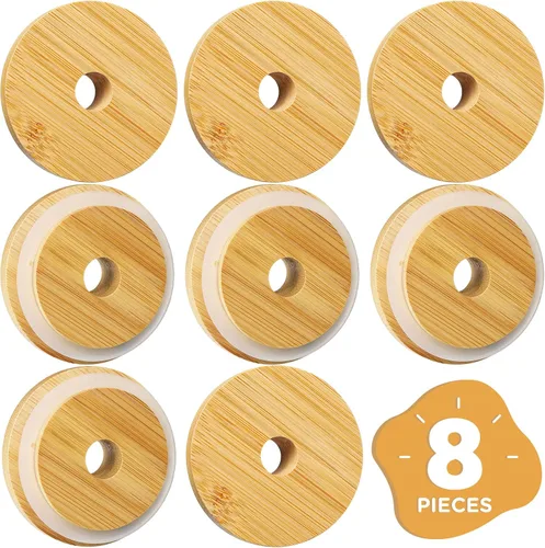 Vista 8 de Tapas de bambú para vasos de vidrio, tapas de madera para latas de cerveza de 16 oz con agujero para pajilla, cubierta de repuesto para tarros Mason