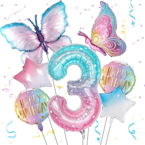 Vista 9 de Decoraciones de cumpleaños de mariposa, globos de mariposa, decoraciones de fiesta de primer cumpleaños para niñas, números de fantasía, 1 globo