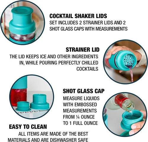Vista 3 de Masontops Tapas para coctelera, compatibles con cualquier tarro Mason de boca regular, paquete de 2 con tapas jigger de 1 oz, color verde azulado