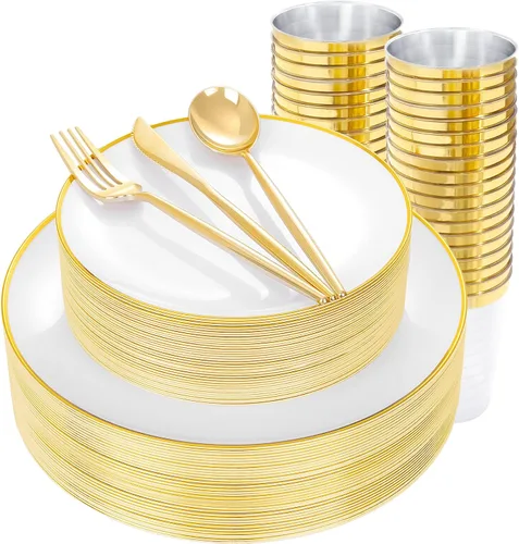 Vista 12 de ejonirinjonir EI - 180 platos de plástico beige con cubiertos de plástico dorado, platos desechables de alta resistencia para fiestas, juego