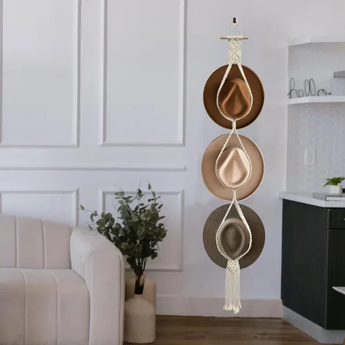 Vista 5 de Besoamo Perchas bohemias para sombreros, organizador de sombreros para pared, macramé para colgar en la pared, tejido a mano, organizador decorativo