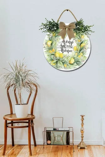 Vista 2 de Letrero de corona de limón para puerta delantera, coronas divertidas, decoración de placa de madera para colgar, decoración redonda de madera
