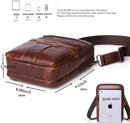 Vista 3 de Bolsa de hombro pequeña de cuero para hombre, bolsa cruzada de viaje para negocios, bolsa cruzada para teléfono, cartera para campamento, mochila