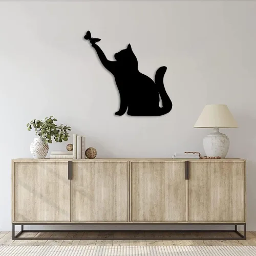 Vista 5 de JILIP Letrero de arte de silueta de gato de metal, escultura de pared colgante negra, placa de decoración de pared de animales de metal, decoración