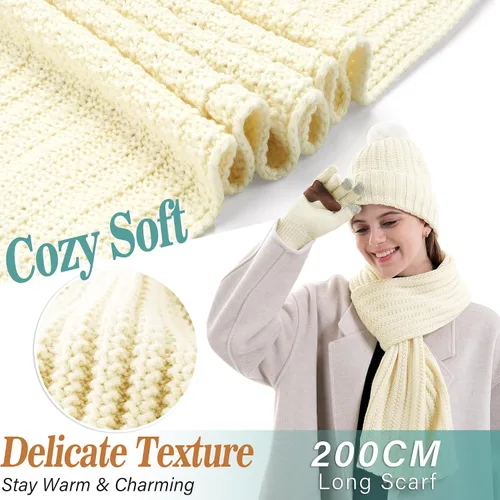 Vista 3 de Gorro cálido de invierno para mujer, bufanda de cuello largo, guantes para pantalla táctil, gorro de punto con pompón con forro polar, regalos