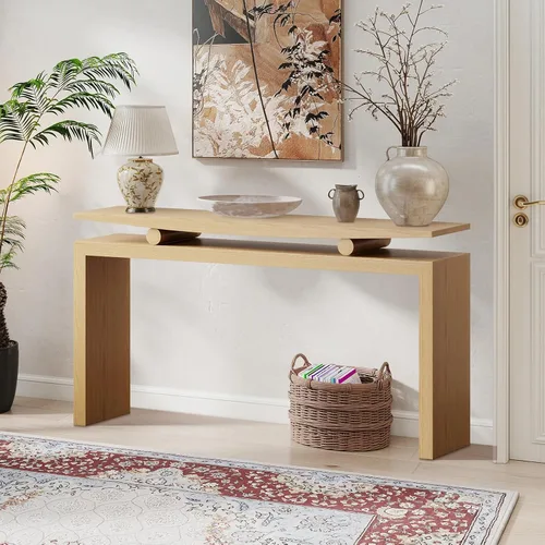 Vista 7 de Mesa de sofá de 59.05 pulgadas para sala de estar, mesa consola Morden, mesa rectangular estrecha de madera maciza con patas de madera de goma