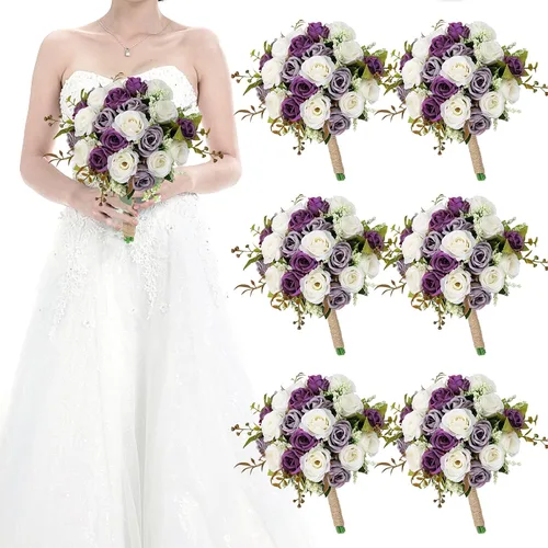 Vista 25 de Ramos para dama de honor para boda - Ramo de flores artificiales de 7 pulgadas para fiesta, ceremonia, aniversario, centros de mesa para mesa de Azul