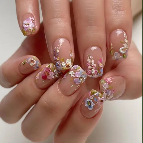 Vista 12 de Uñas postizas a presión con punta francesa verde, uñas postizas cuadradas cortas con diseños de cuentas de flores en 3D, uñas de verano, uñas Verde