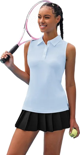 Vista 2 de COOrun Camiseta polo de golf para mujer, sin mangas, camiseta de tenis con protección UV, 50+, secado rápido, con cuello