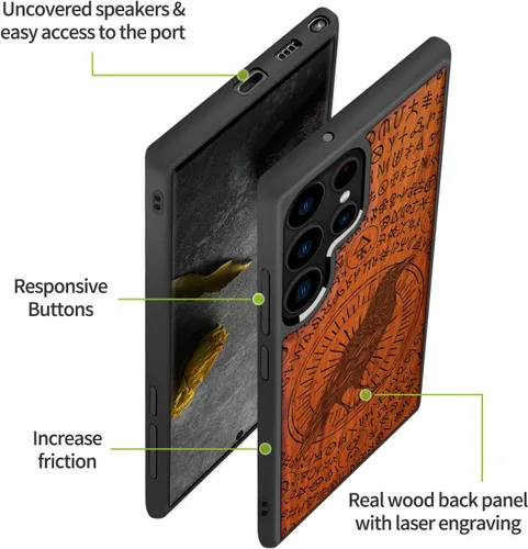 Vista 6 de Carveit Funda de madera para Galaxy S22 Ultra [madera natural y TPU suave negro] a prueba de golpes, diseño único de madera compatible con Samsung