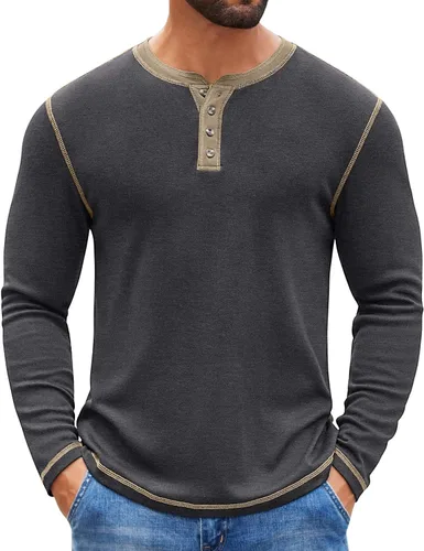 Vista 7 de COOFANDY - Camisetas Henley para hombre, manga larga, con botones, estilo casual, de pullover, suaves, elásticas, tops de camiseta
