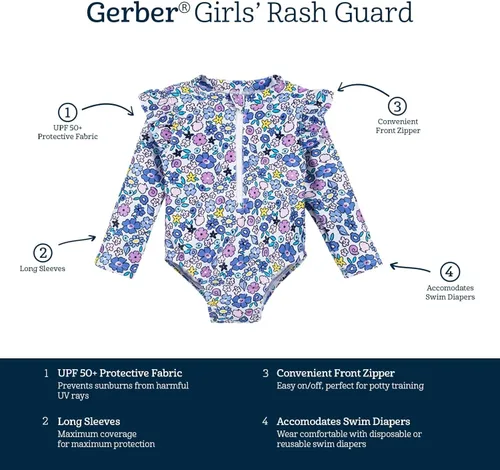 Vista 4 de Gerber Girls' Toddler Long Sleeve One Piece Rashguard Swimsuit