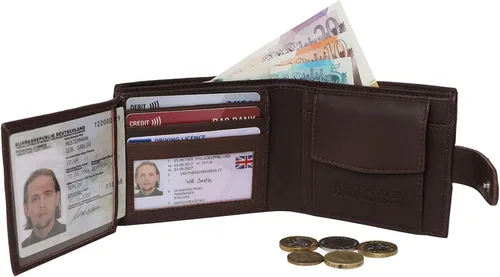 Vista 7 de ras Mens Soft Brown Smooth piel auténtica cartera con ID y la moneda bolsillo