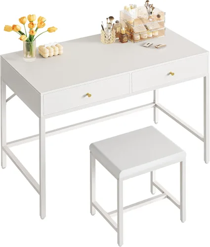 Vista 11 de SUPERJARE Escritorio blanco y dorado de 35.4 pulgadas con 2 cajones, tocador de maquillaje moderno con taburete acolchado, escritorio pequeño