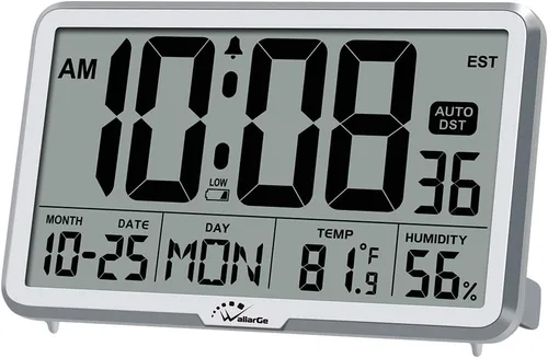 Vista 8 de WallarGe Reloj de pared digital de ajuste automático, funciona con pilas, relojes de escritorio con temperatura, humedad y fecha, reloj despertador